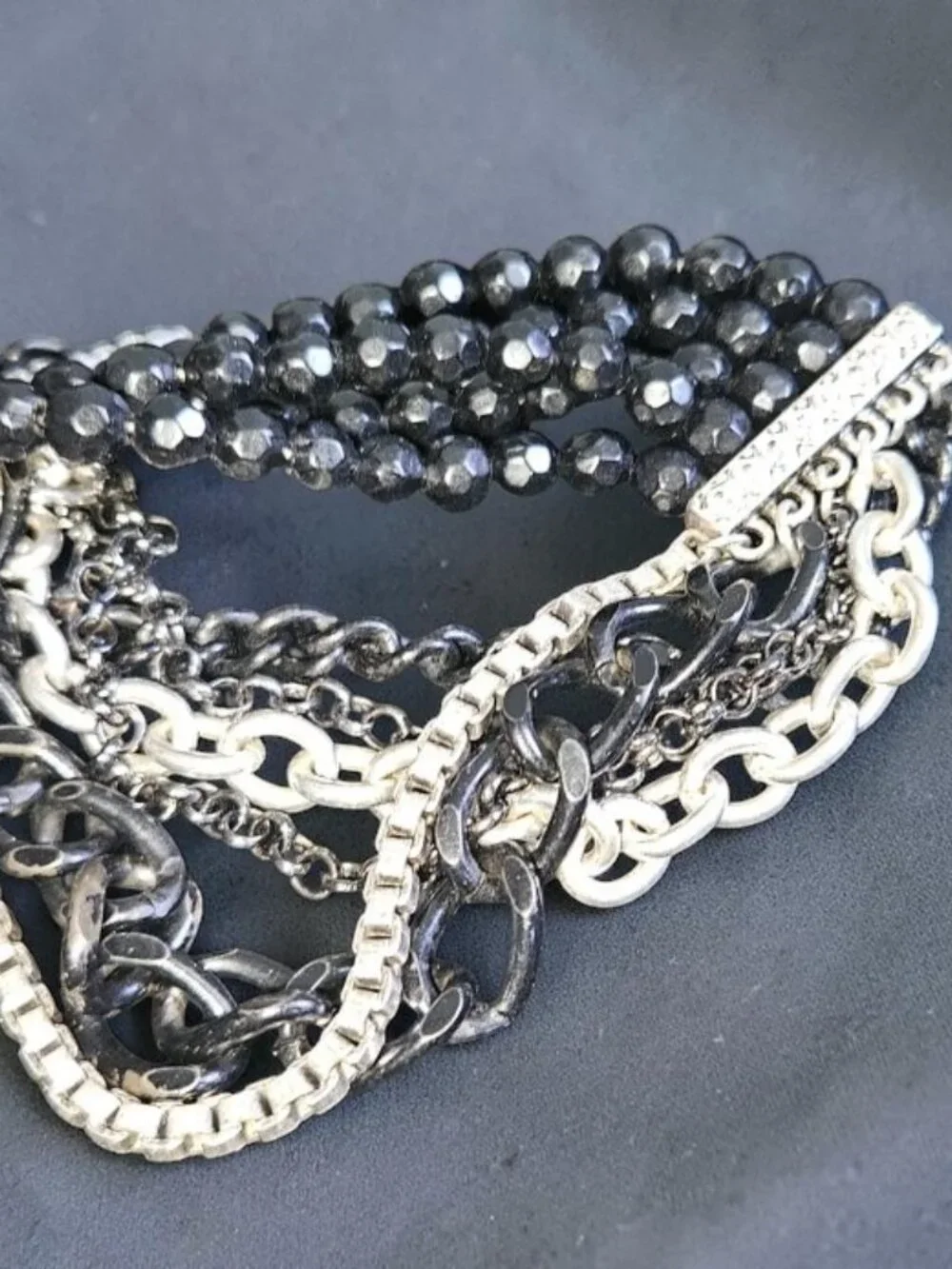 Black Beads Silvertone Chains Rhinestone Trim Multi Strand Bracelet